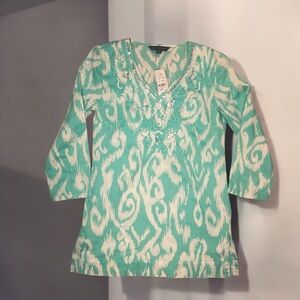 NWT Brooks Brothers “346” Mint Green & White Paisley Ikat Sequined Cotton Tunic